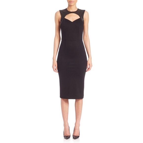 Alice + Olivia Black Lamb Leather Trim Open Front Pencil Sheath Midi Dress Sz 2 - Picture 2 of 12